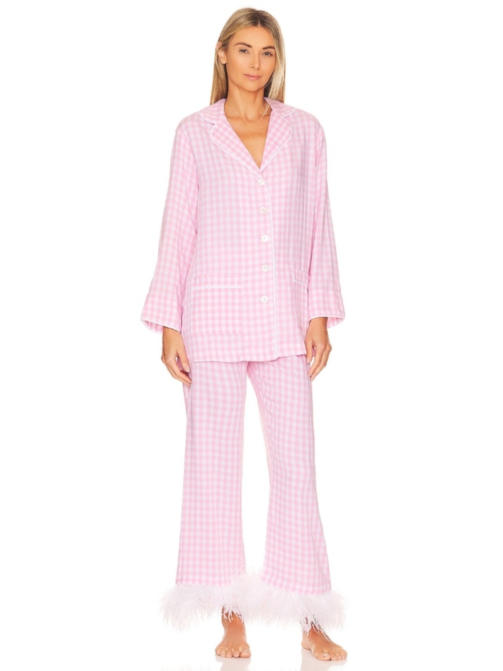 NEW Revolve Sleeper Party Pajama Set with Feathers Pink Vichy Medium